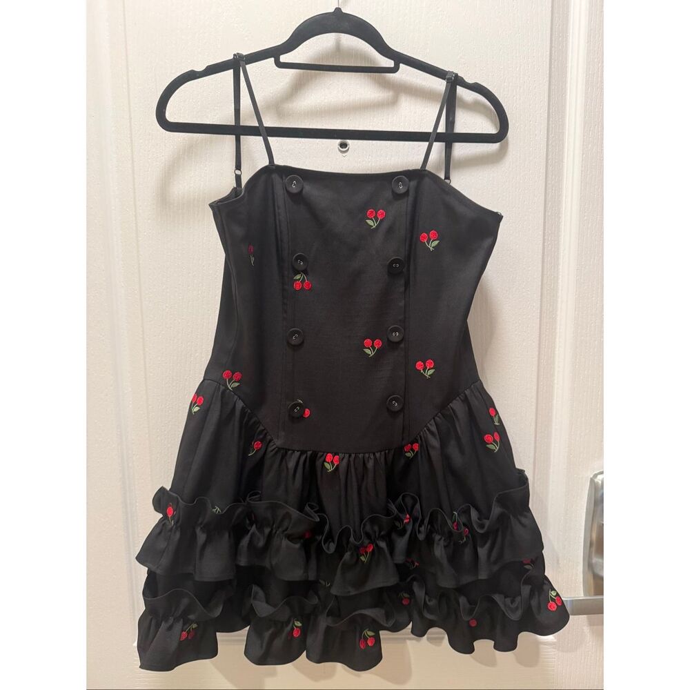 Vintage cherry embroidered ruffle mini dress size S red cottagecore preloved gem - Picture 5 of 7